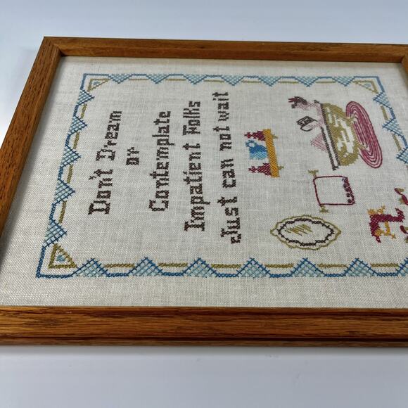 Vintage Framed Cross Stitch Sampler Art Bathroom Bathtub Needlepoint 12x15” - Picture 4 of 6
